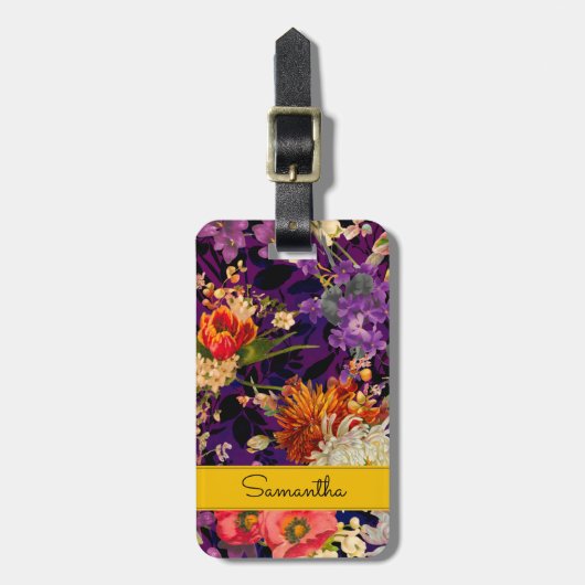 Elegant paarse geel bloemmotief bagagelabel (Voorkant verticaal)