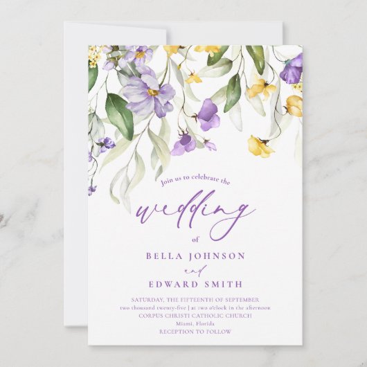 Elegant Paarse Gele Waterverf Floral Wedding Kaart (Voorkant)