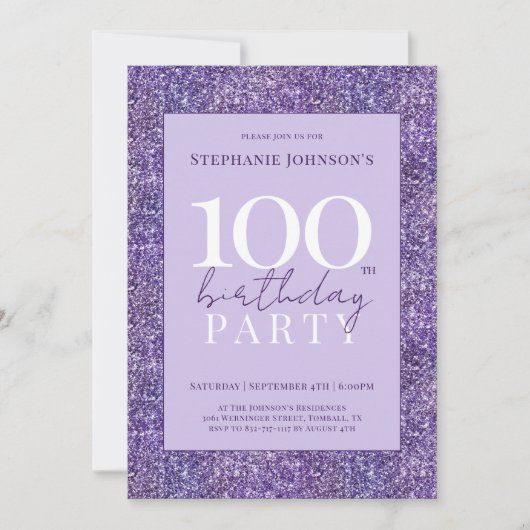Elegant Paarse Glitter 100e Verjaardagsfeest Kaart (Voorkant)