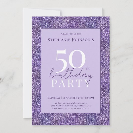 Elegant Paarse Glitter 50ste Verjaardagsfeestje Kaart (Voorkant)