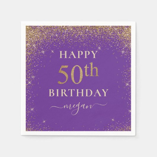 Elegant Paarse Glitter 50ste Verjaardagsfeestje Servet (Voorkant)