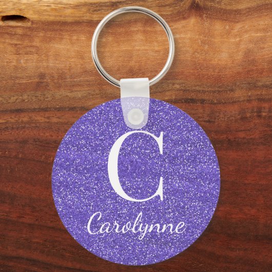 Elegant Paarse Glitter Monogram Sleutelhanger (Voorkant)