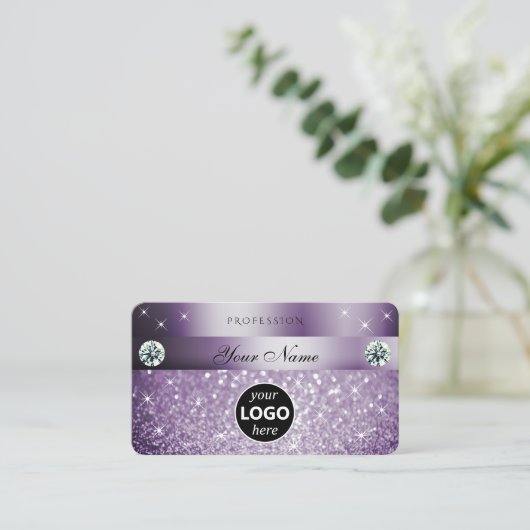 Elegant Paarse glitter Sparkelende Stars met Logo Visitekaartje (Staand voorkant)