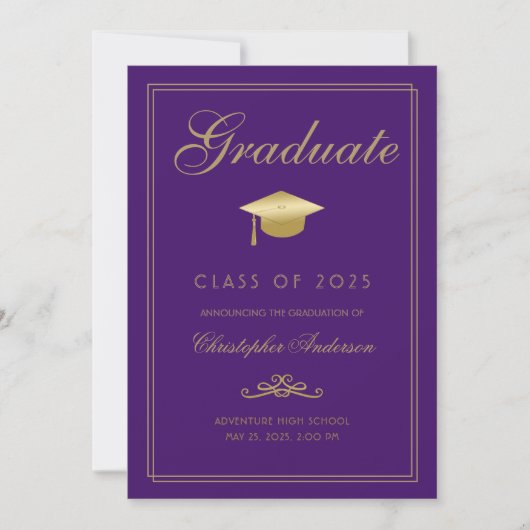 Elegant Paarse Gold Formal Script Afstuderen Aankondiging (Voorkant)