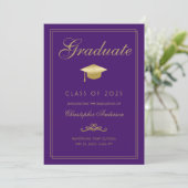 Elegant Paarse Gold Formal Script Afstuderen Aankondiging (Staand voorkant)