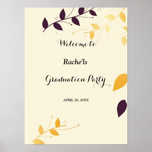 Elegant Paarse Golden Leaves Afstuderen Poster (Voorkant)