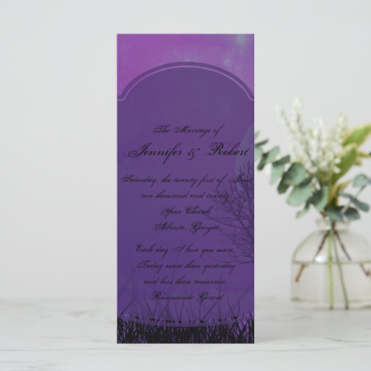 Elegant Paarse Gotische Posh Bruiloft Programma Programmakaart (Staand voorkant)