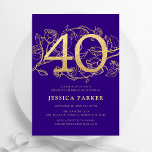 Elegant Paarse goud 40e verjaardag Kaart<br><div class="desc">Elegant paarse gouden 40e verjaardagsfeestuitnodiging.  modern vrouwelijk design met rozen botanische accenten en faux glitter gold. Eenvoudige bloemenuitnodigingskaart perfect voor een stijlvol vrouwen dagfeest. Personaliseer met je eigen gegevens. Gedrukte Zazzle-uitnodigingen of direct download digitale afdrukbare sjabloon.</div>