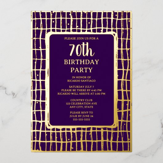 Elegant Paarse Goud 70e Aangepaste Verjaardag Part Folie Uitnodiging (Voorkant)