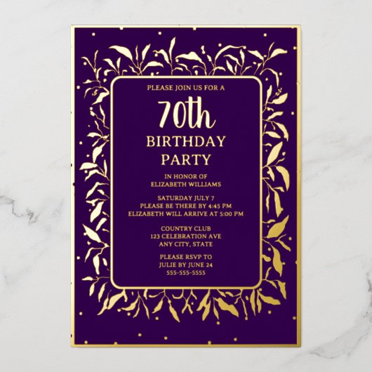 Elegant Paarse Goud 70e Aangepaste Verjaardag Part Folie Uitnodiging (Voorkant)
