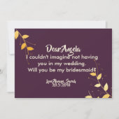 Elegant Paarse gouden bladeren bruidsmeisje Kaart (Achterkant)