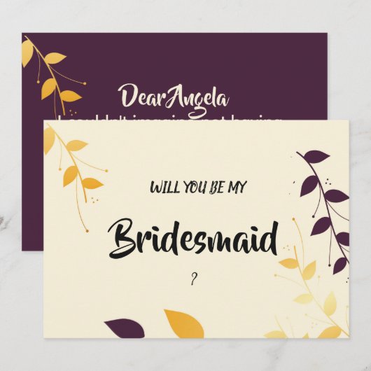Elegant Paarse gouden bladeren bruidsmeisje Kaart (Voorkant / Achterkant)