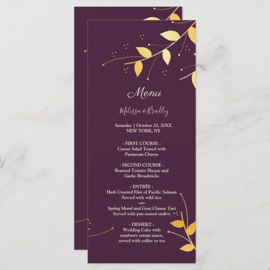 Elegant Paarse gouden bladeren bruiloft menu (Voorkant / Achterkant)