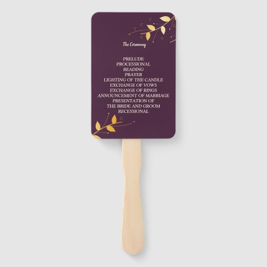 Elegant Paarse gouden bladeren bruiloft programma Handwaaier (Achterkant)