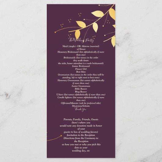 Elegant Paarse gouden bladeren ceremonie programma Programmakaart (Achterkant)