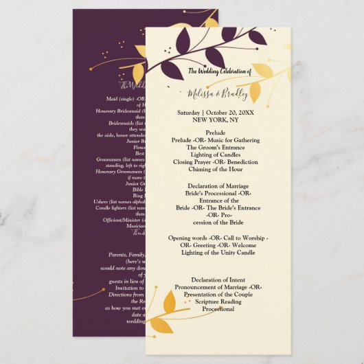 Elegant Paarse gouden bladeren ceremonie programma Programmakaart (Voorkant / Achterkant)