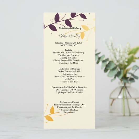 Elegant Paarse gouden bladeren ceremonie programma Programmakaart (Staand voorkant)