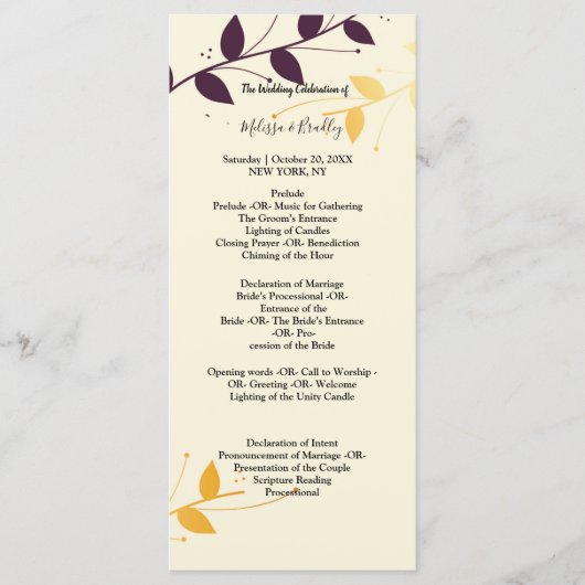 Elegant Paarse gouden bladeren ceremonie programma Programmakaart (Voorkant)