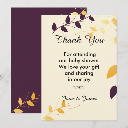 Elegant Paarse gouden bladeren dank u Kaart (Voorkant / Achterkant)