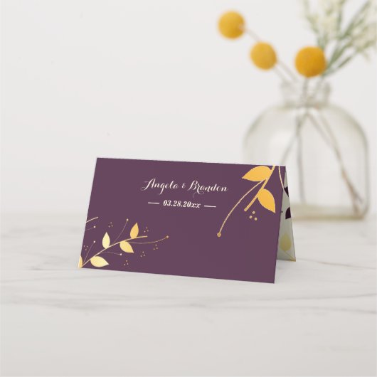 Elegant Paarse gouden bladeren Plaatskaartje (Achterkant)