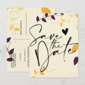 Elegant Paarse gouden bladeren Save the Date Aanko Aankondigingskaart (Voorkant / Achterkant)