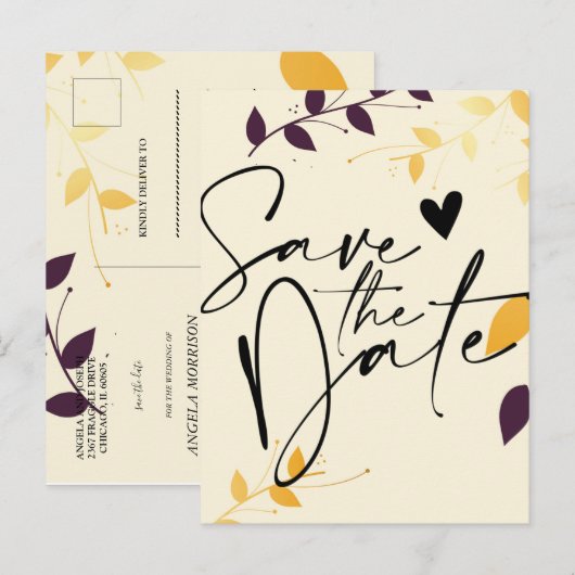 Elegant Paarse gouden bladeren Save the Date Aanko Aankondigingskaart (Voorkant / Achterkant)