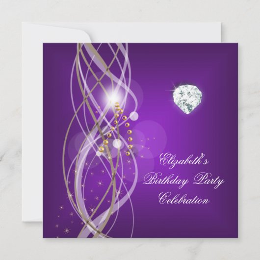 Elegant Paarse Gouden Bloemen Diamanten Verjaardag Kaart (Voorkant)