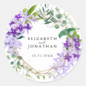 Elegant Paarse gouden bloemenkrans bruiloft Ronde Sticker (Voorkant)