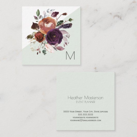 Elegant Paarse gouden bordeaux bloemenmonogram Vierkante Visitekaartje (Voorkant / Achterkant)