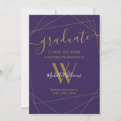 Elegant Paarse Gouden Geometrisch Monogram Afstude Aankondiging (Voorkant)