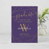 Elegant Paarse Gouden Geometrisch Monogram Afstude Aankondiging (Staand voorkant)