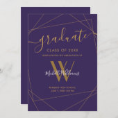 Elegant Paarse Gouden Geometrisch Monogram Afstude Aankondiging (Voorkant / Achterkant)