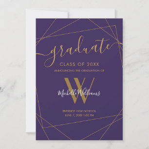 Elegant Paarse Gouden Geometrisch Monogram Afstude Aankondiging