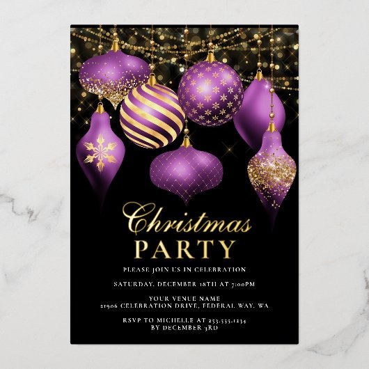 Elegant Paarse gouden kerstfeest Folie Uitnodiging (Voorkant)