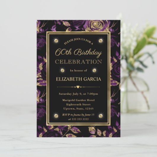 Elegant Paarse & Gouden Roos Bloemen 60ste Verjaar Kaart (Staand voorkant)