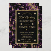 Elegant Paarse & Gouden Roos Bloemen 60ste Verjaar Kaart (Voorkant / Achterkant)