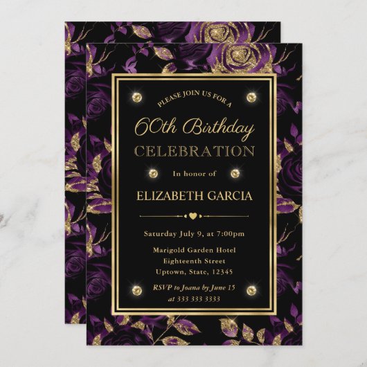 Elegant Paarse & Gouden Roos Bloemen 60ste Verjaar Kaart (Voorkant / Achterkant)