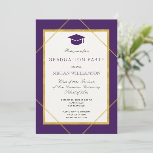 Elegant paarse gouden script afstudeerfeest kaart (Staand voorkant)