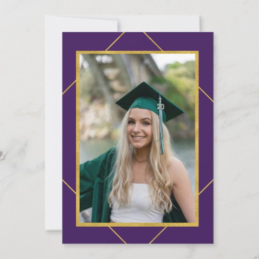 Elegant paarse gouden script afstudeerfeest kaart (Achterkant)