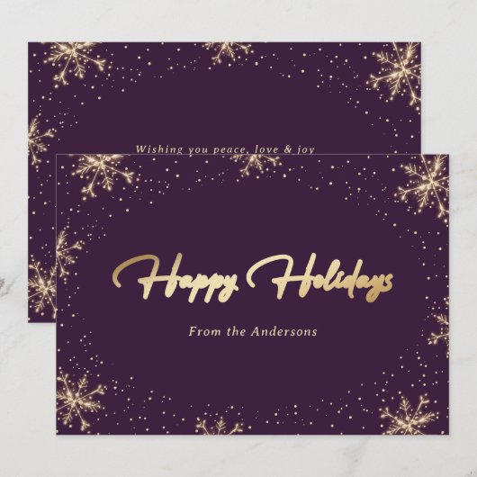 Elegant Paarse gouden script sneeuwvlok Feestdagenkaart (Voorkant / Achterkant)