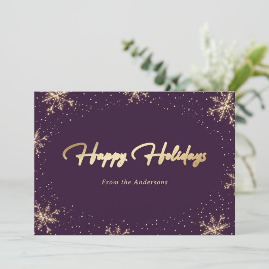 Elegant Paarse gouden script sneeuwvlok Feestdagenkaart (Staand voorkant)