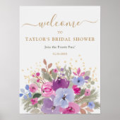 Elegant Paarse gouden winter bloemenbruids welkom Poster (Voorkant)