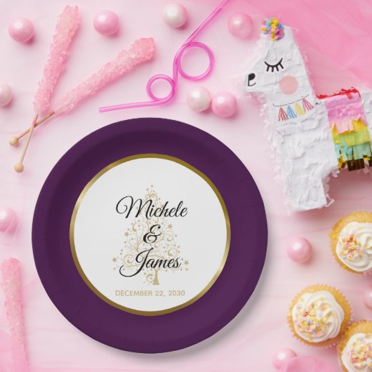 Elegant Paarse gouden winter vakantie bruiloft Papieren Bordje (Feest)