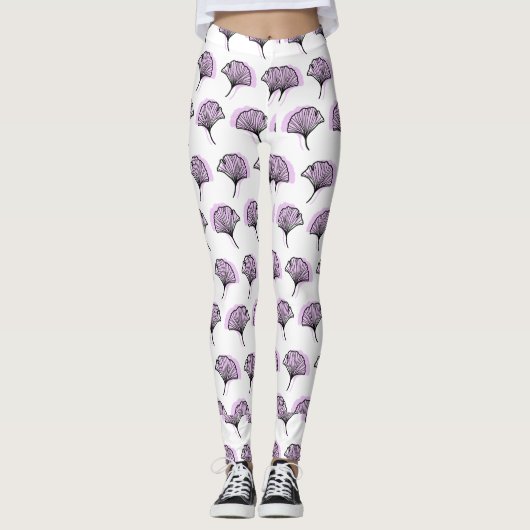 Elegant Paarse handgetekende Ginkgo Leaf Pattern Leggings (Voorkant)