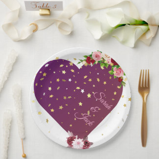 Elegant Paarse Hart Trouwfeest Papieren Bord met G