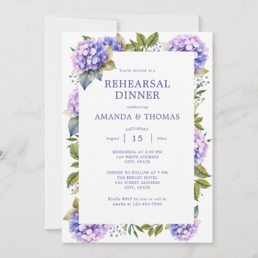 Elegant Paarse Hydrangeas bruiloft repetitie diner Kaart (Voorkant)