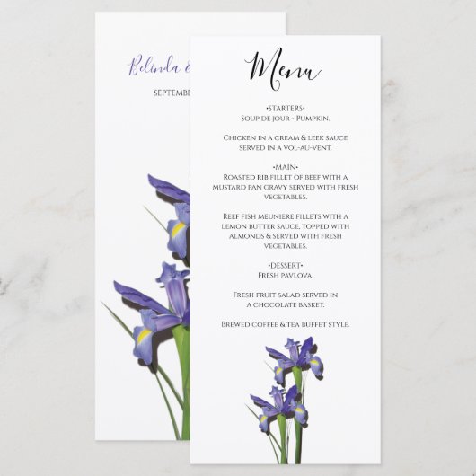 Elegant Paarse Iris Wedding Menu (Voorkant / Achterkant)