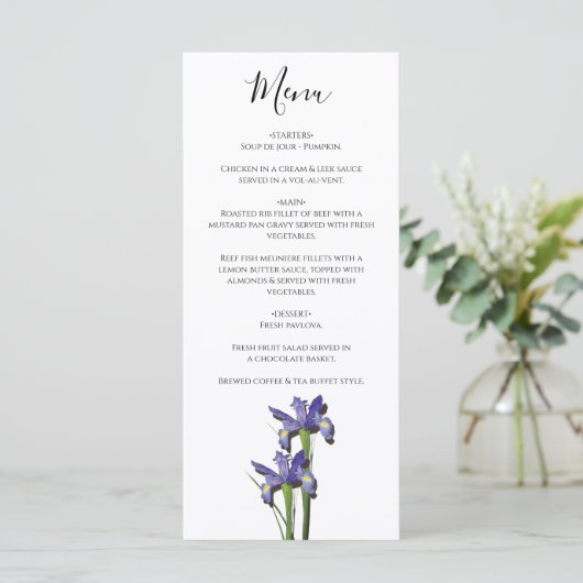 Elegant Paarse Iris Wedding Menu (Staand voorkant)