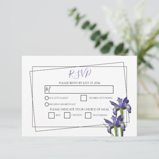 Elegant Paarse Iris Wedding RSVP-kaarten RSVP Kaartje (Staand voorkant)