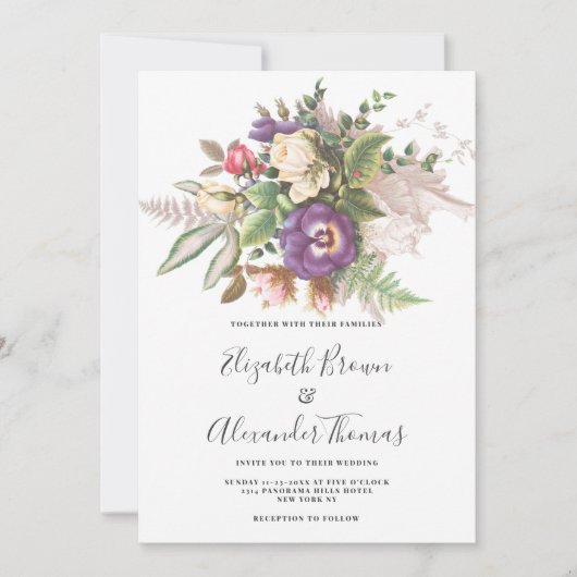 Elegant  paarse ivoren groene bloemenbruiloft kaart (Voorkant)